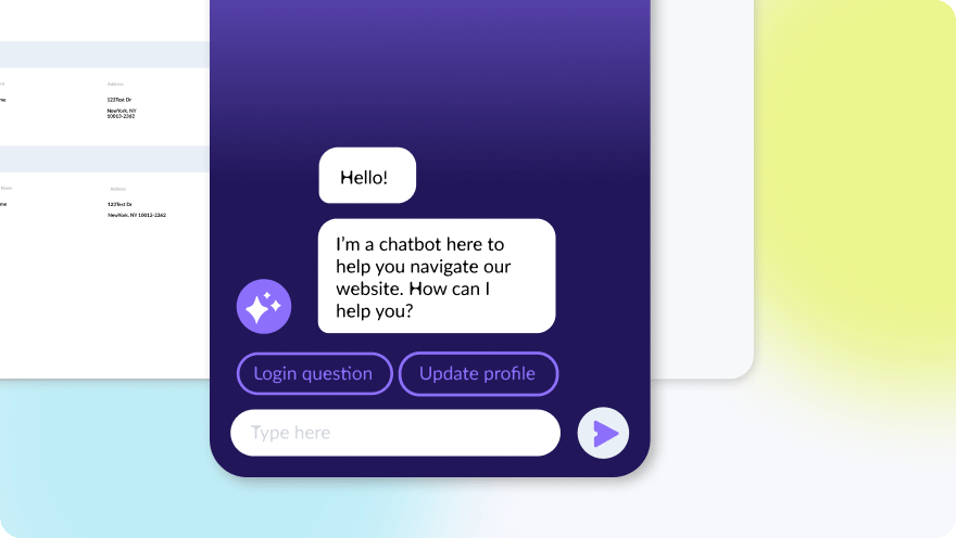 An active AI chatbot messaging screen with suggested responses appears on a a dark purple mobile screen.