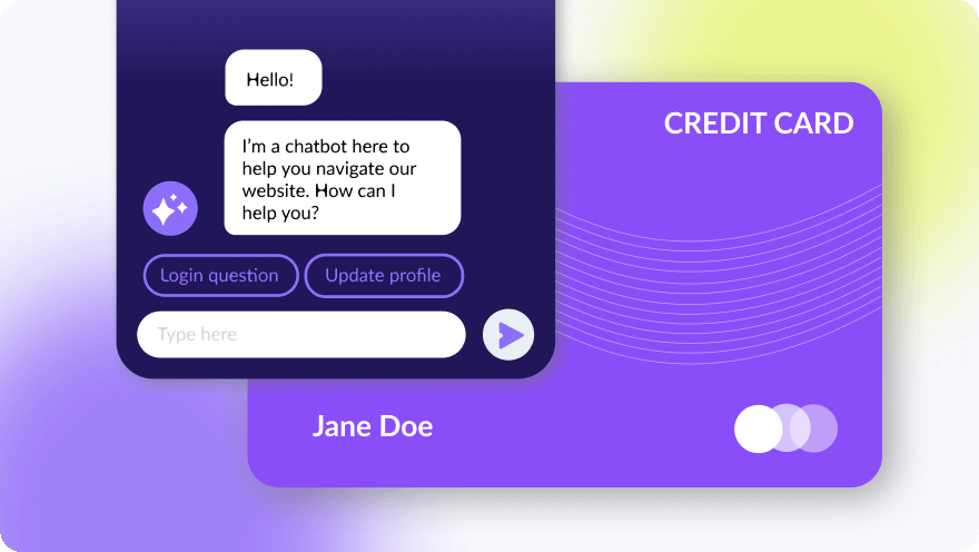 An active AI chatbot messaging screen with suggested responses appears on a a dark purple mobile screen with a purple credit card.