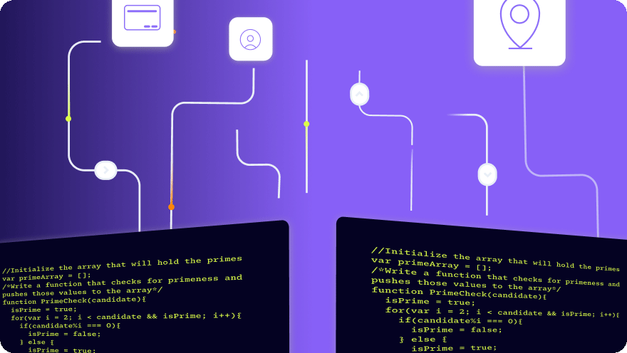 Illustration of two code screens with circuit line graphics forming icons above them on a dark purple background