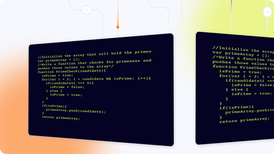 Illustration of two code screens facing away from one another with circuit line graphics coming out of them